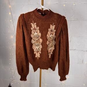 vintage italian mohair blend brown embroidered sweater puff sleeve made in italy